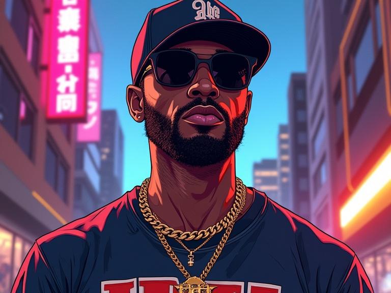 Stylish Black male rapper depicted in Grand Theft Auto art style. Wearing graphic t-shirt and gold chain with snapback cap and sunglasses. Vibrant cityscape background filled with neon lights and urban elements. Bold outlines and dynamic lighting create an eye-catching visual.