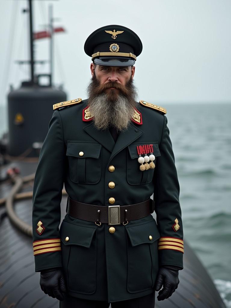 U-boat commander with a medium long dark brown beard stands in front of a U-boat. He wears a dark green military uniform with gold accents and medals. The background shows the sea under a cloudy sky.