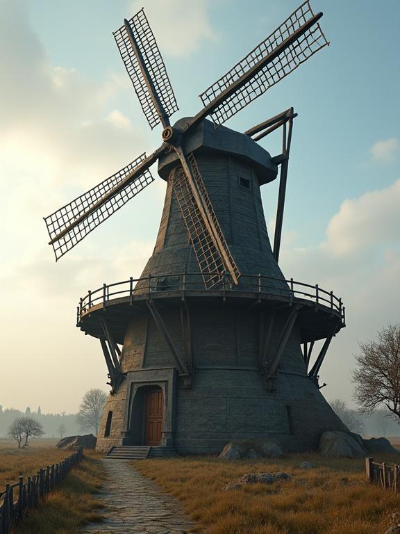 Gigantic mysterious steampunk style windmill in a grassy field. Large windmill with an intricate structure. Soft lighting overcast sky. Path leading toward the windmill.