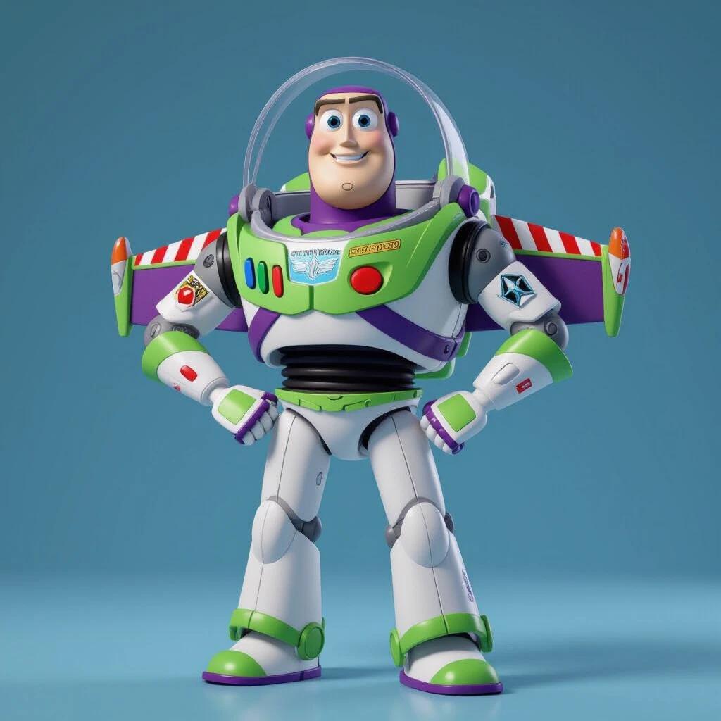 Buzz Lightyear in a pink suit. Standing confidently with arms on hips. Bright colors and a playful vibe. Simple background. Depict iconic features of Buzz Lightyear.