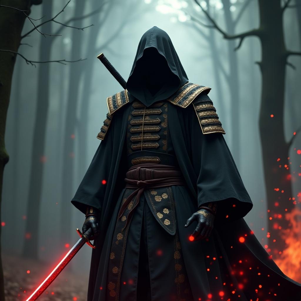 Samurai ghost character in a dark ornate outfit with gold accents. Character holds a katana with a red glow on the blade. Background features a misty forest and red fires, with red particles enhancing the eerie atmosphere.