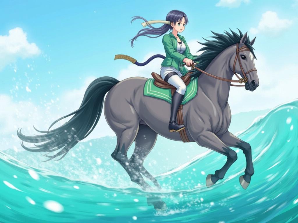 A character riding a horse on water with waves splashing. The character is depicted in vibrant colors with a sunny sky in the background. The horse appears strong and majestic.