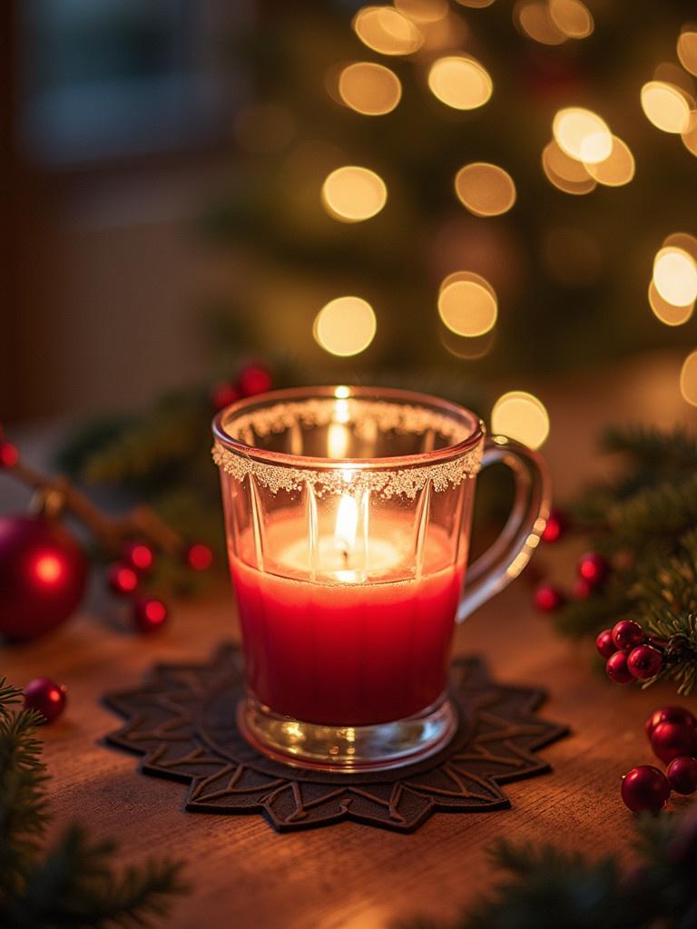 Candle in glass holder surrounded by holiday decorations. Warm ambient light creates a cozy atmosphere. Background features Christmas tree with lights. Ideal for showcasing festive products.