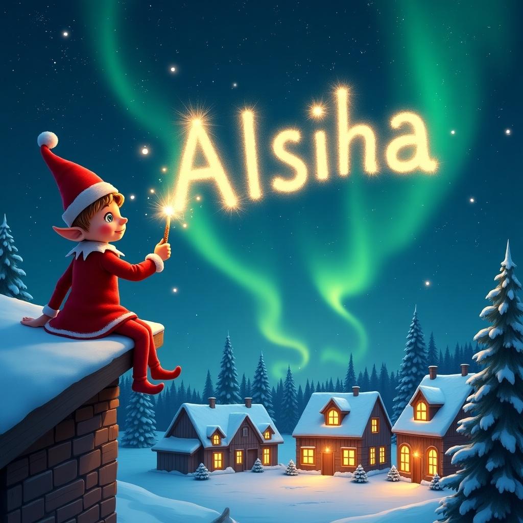 An elf in red with a pointed hat writes 'Alsiha' in the sky using a wand. The elf sits on a ledge. Snow-covered houses and trees are below. Northern Lights illuminate the scene. This image captures the essence of childhood magic and Christmas spirit.