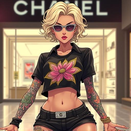 Anime character in Chanel store. Woman 67 years old. Emerald green eyes. Beautiful face with short light blonde curly hair. Wearing light pink diamond jewelry. Super futuristic style. Half Japanese, half Saiyan heritage. 6'1, muscular with big breasts. Features 6 pack abs and light pink lipstick. Decorated nails and white eyeshadow. Double belly button ring. Inside a luxurious Chanel store. Colorful Japanese tattoos visible. Wearing a popstar printed shirt and shiny shorts. Enjoying shopping around on 1st Avenue.