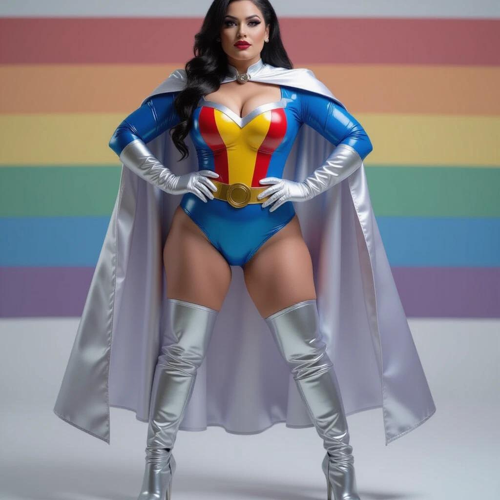 Imposing superheroine presents strong pose with hands on hips. Dressed in latex bodysuit representing transgender flag colors. Wearing metallic silver cape, gloves, and boots. Long black hair flows elegantly. Background features rainbow colors.