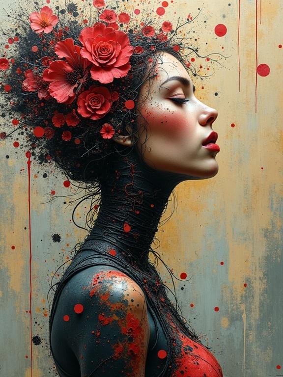 Profile of a woman with flowers in hair. Vivid colors splashed across a textured background. Masterpiece of intimacy and creativity. Impasto style applied to skin and floral elements.