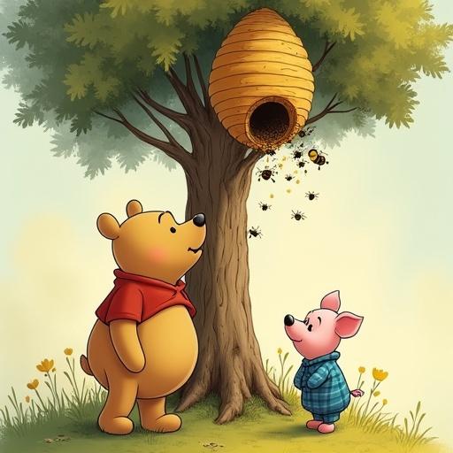 Bear cub and piglet character inspired by Soviet cartoon. Fluffy bear with dark ears and tummy. Small pink piglet in blue checked jumpsuit. Tall tree with large beehive at top. Bees flying around beehive. Bear looking up; piglet looking scared. Illustration inspired by Soviet animation with soft colors.