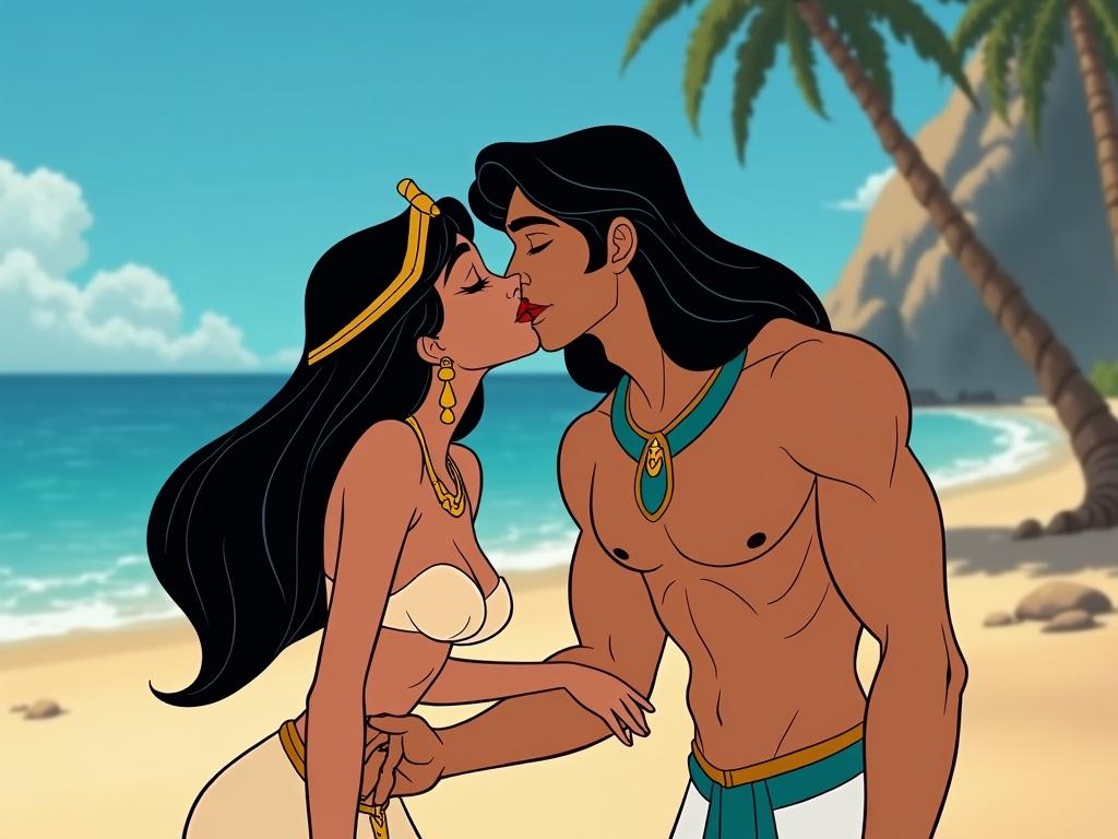 Disney cartoon scene shows Cleopatra and her companion sharing a kiss on a beach. Palm trees and a serene ocean set the background. Rich colors and detailed animation capture the romance of the moment.