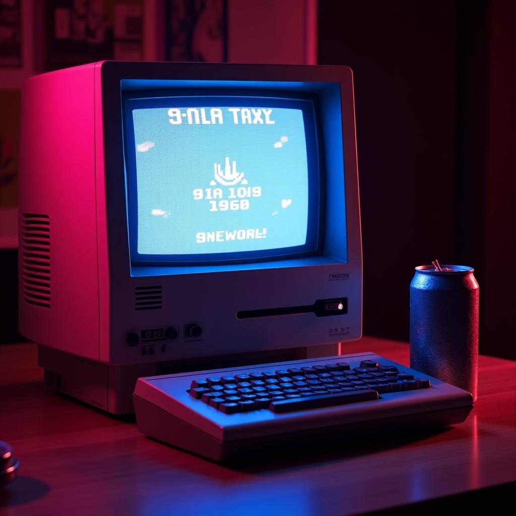 This image features a vintage computer that showcases a retro video game on its screen. The screen is illuminated with a bright blue hue, featuring the text '9-NLA TAXI 1960'. The computer setup is surrounded by a pinkish glow, creating a nostalgic atmosphere reminiscent of the 1980s. Next to the computer, there is a metallic soft drink can, adding to the retro aesthetic. The overall lighting and composition capture the essence of classic gaming culture, inviting viewers to reminisce about the old days of arcade gaming.