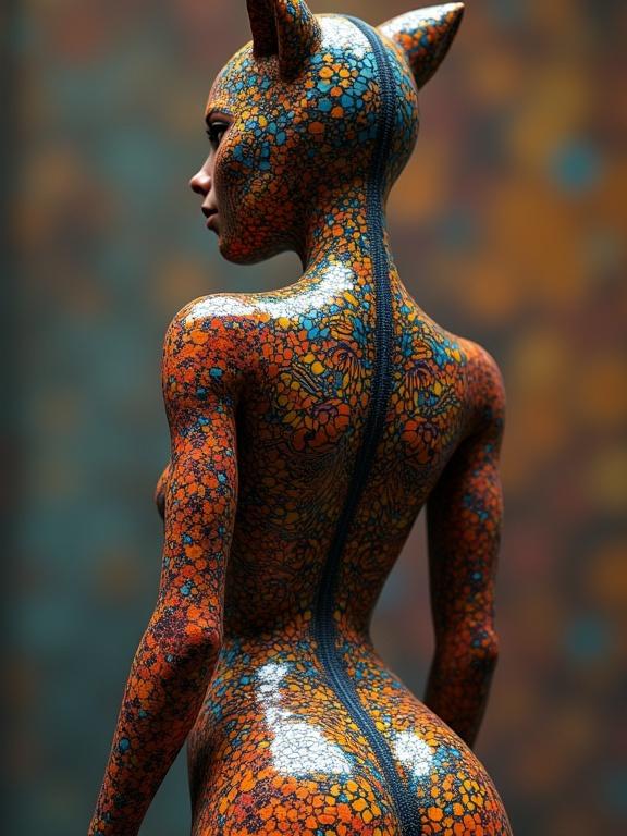 Hyperdetailed artwork of a female figure in a Klimt-inspired catsuit. The figure is shown from the rear. Features vibrant patterns and colors resembling zentangle techniques.
