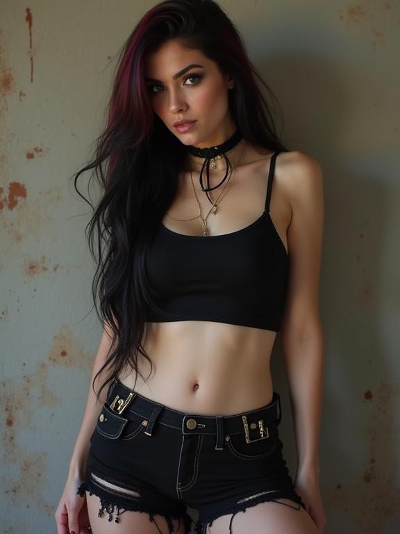 Female model posing in a black tank top and shorts with long black hair highlighted in red. The model has a choker and a flat belly. The background is textured and neutral.
