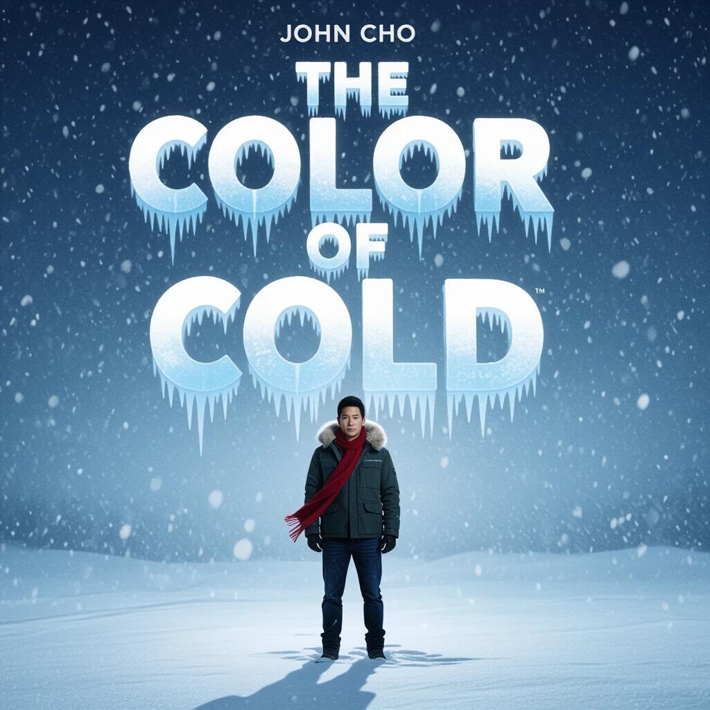 Movie poster for The Color of Cold. Title in icy gradient block text fading into white. John Cho in a blizzard wearing a coat and red scarf. Whiteout light enhances silhouette. Picture has emotional clarity.