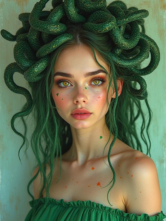 Captivating portrayal of Medusa with snakes as hair. The snakes are vividly painted. Beautiful young woman wears green off-the-shoulder dress. Paint splatters are visible on the dress and hair. The focus is on her golden eyes. Artistic mixed media composition and photography.
