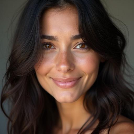 Smiling woman with dark wavy hair in soft natural light. Brown, almond-shaped eyes gaze sincerely. Slight pinkness on fair skin. Focus on warm smile reflecting confidence and peace.