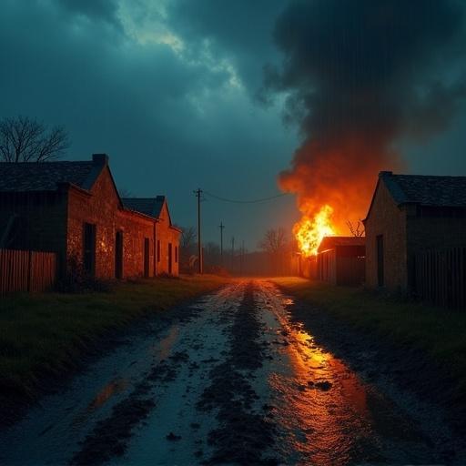 Realistic dark scene with a muddy road at night. Adobe brick houses on both sides under heavy rain. One house on fire with glowing orange flames, thick smoke in stormy sky. Reflections of fire on wet mud create an eerie atmosphere with detailed textures and cinematic lighting.