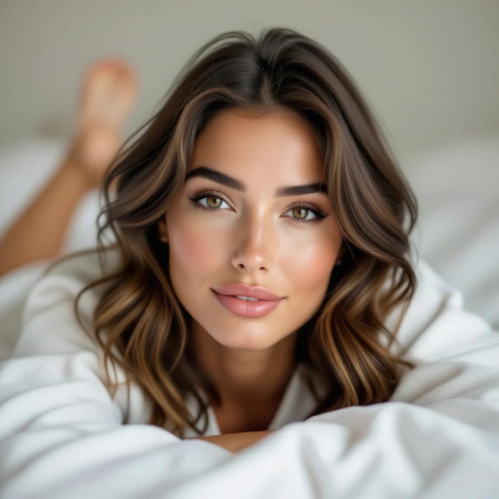 Close up of a woman with shoulder-length brunette hair. Relaxed gaze captured lying face down on a bed. Brown almond-shaped eyes and defined chin. She wears light pajamas. Full eyelashes and thin lips make her refined features stand out.