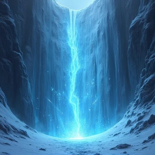 Magic glacier wall creates a protective spell. A majestic waterfall flows from the glacier with a bright blue glow. The setting conveys a mystical atmosphere in a cold environment.