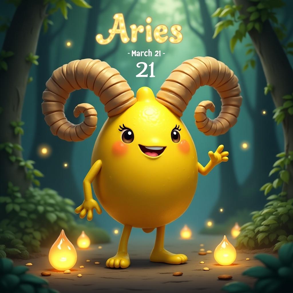 Mythical representation of Aries zodiac sign as a quirky lemon character. Lemon is vibrant yellow with ram-like horns. Lemon stands confidently in a mystical forest. Surrounded by magical orbs. Name "Aries" with dates "March 21 - April 19" displayed. Style is playful and detailed.