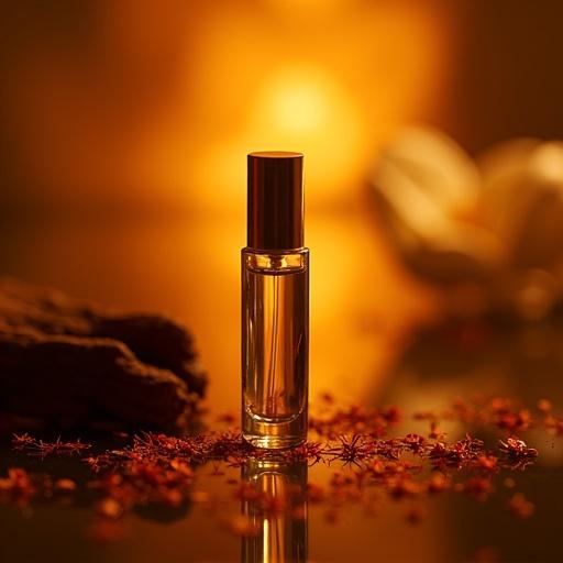 Photograph of a 5mL roll-on perfume bottle. Minimalist transparent glass design. Delicate gold accents. Elegantly slender bottle sitting upright. Dark polished surface. Surrounding saffron threads. Glowing amber light from behind. Rustic cedarwood bark. Floating jasmine petals. Serene aromatic atmosphere. Color palette with amber reds and warm golden hues.