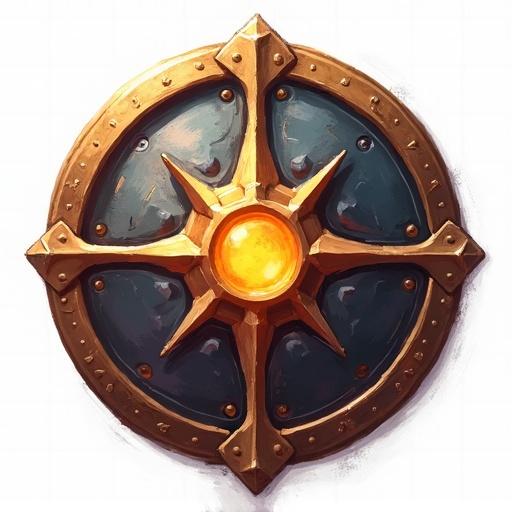 Icon representation of a round shield for card games styled like World of Warcraft. Designed for a card game with a magic shield theme. Features a royal shield design. Painted style with a transparent background.