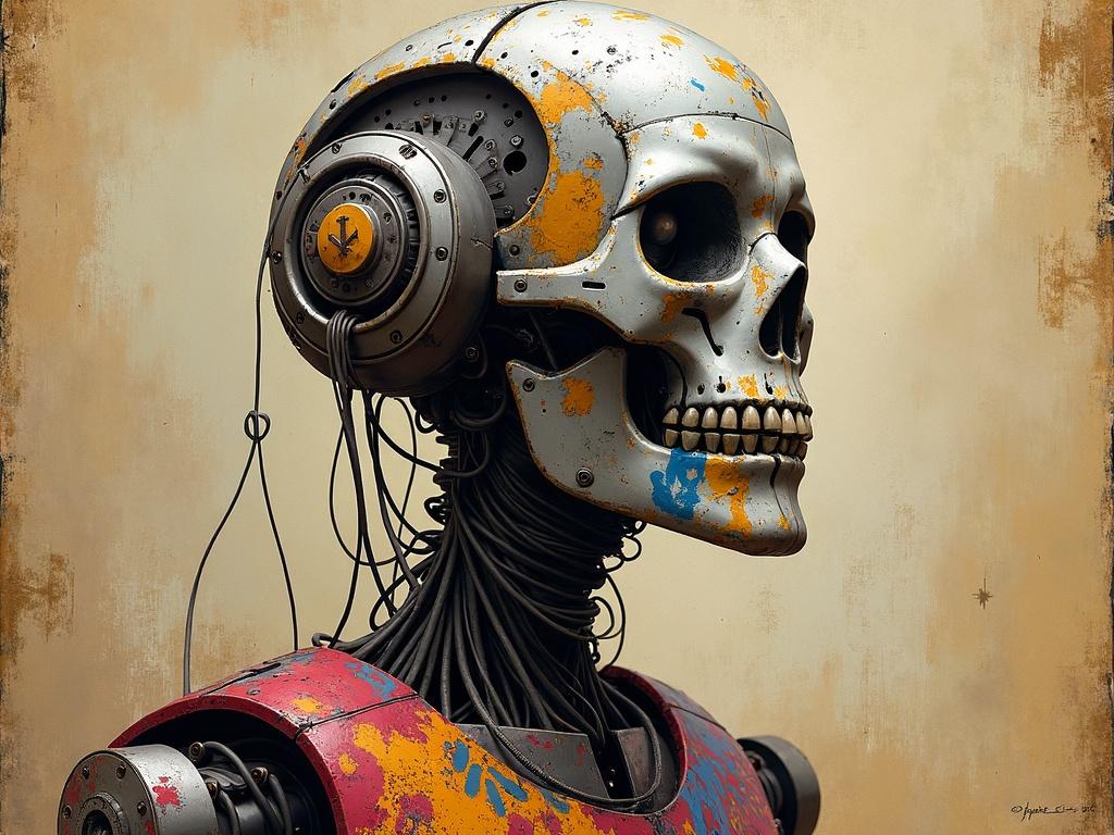 Portrait of a metal construct robot featuring colorful graffiti at the bottom. The robot has a worn metallic appearance with bright graffiti. Background fades to worn parchment texture. Digital art styled by Antonio J. Manzanedo.