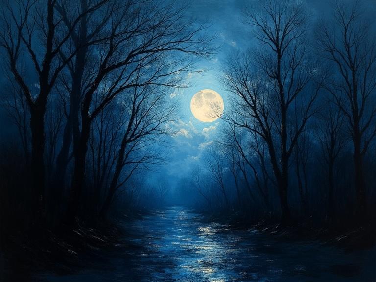 Artwork depicting a dark night scene with a bright moon in a forest. The moonlight illuminates the forest path. The atmosphere is calm yet mysterious. The style includes dynamic brushwork with rough strokes and elements from Tachisme.
