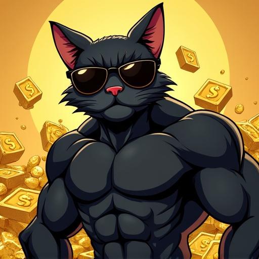 Cartoon image of a muscular black cat wearing sunglasses. The cat has a serious expression. Gold nuggets and dollar signs are in the background.