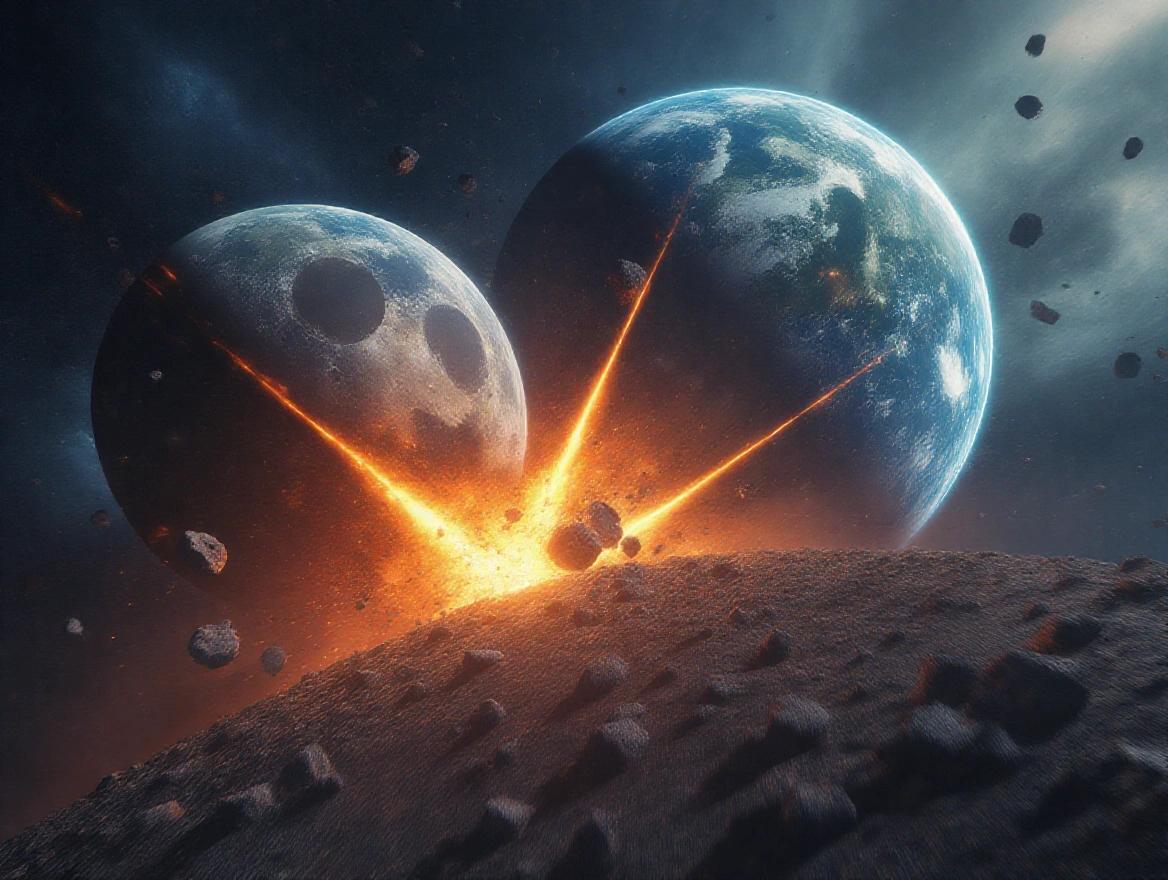 Epic cosmic scene of two moons colliding near Earth with debris flying through space and Earth visible in the background. Dramatic explosion depicts high-detail cosmic destruction.