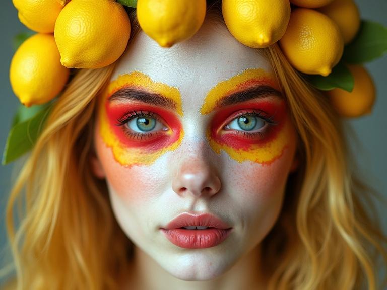 Portrait of a woman with face painted in red, yellow, white. Hair made from lemons with garlands. She has big eyes, pale skin. High-detail photography.