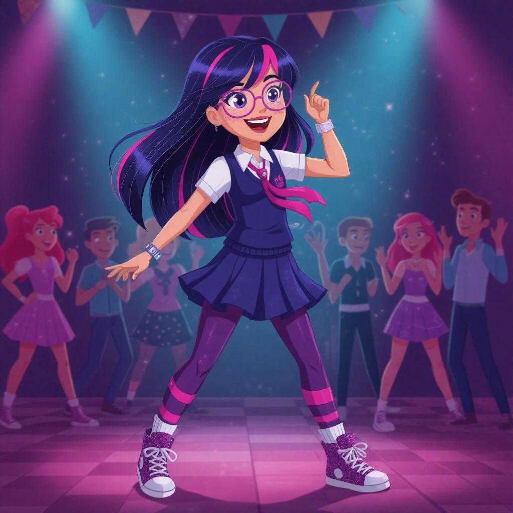 Twilight Sparkle as a human girl dances at school disco. She has navy-blue hair with pink and purple stripe. She wears navy-blue sleeveless-jumper, white shirt, purple tie, navy-blue skirt, purple leggings, and glittery pink purple sneakers. Background includes dancing peers, colorful lights.