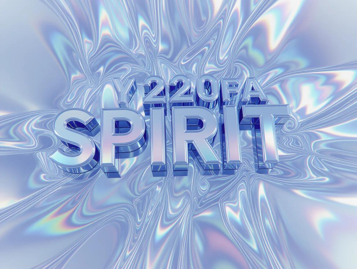 Sharp holographic liquid chrome design features the word Spirit in 3D text. A visually immersive aesthetic evokes the Y2K style with hyperdetailed elements. Iridescent surfaces create a sense of dynamic motion.