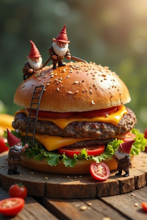 Design a highly detailed image of a giant burger on a rustic wooden table with tiny gnome characters engaging in preparation tasks. Some gnomes climb the bun, others spread sauces. Warm, natural lighting creates a lively atmosphere. Focus on realistic textures and details such as crumbs and sauce drips. Gnomes wear medieval attire with realistic skin textures. Capture the scene with depth of field, highlighting vibrant colors and materials.