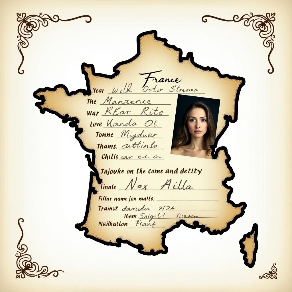 Editable document showing a French national identity card. Features the outline of France. Includes a portrait image, decorative elements, and handwritten notes.