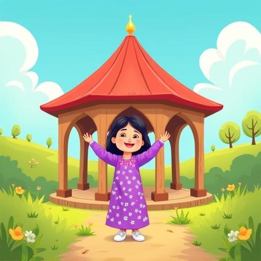 Colorful cartoon-style children's book cover illustration with an Islamic theme. Faceless young girl in a purple dress with white flowers. She stands joyfully in front of a wooden house with five pillars and a red roof. Arms raised in celebration. Sunny outdoor scene with green grass, trees, soft hills, and blue sky with clouds. Soft Islamic design elements included. Space at the top for title placement. Playful, vibrant aesthetic for Islamic children's storybook.