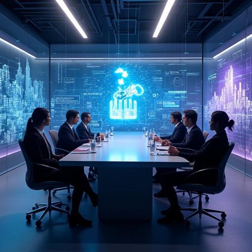 A futuristic business meeting room with diverse executives. Discuss AI adoption. Surrounded by holographic data visualizations and glowing neural network projections. Sleek modern office furniture and glass walls showing digital cityscapes. AI-generated graphs floating mid-air. Central hologram of a robotic hand holding a puzzle piece. Mood feels forward-thinking yet tense. Determination and uncertainty in the atmosphere. Cinematic hyper-realistic style. Cool blue and neon purple lighting with sharp shadows.