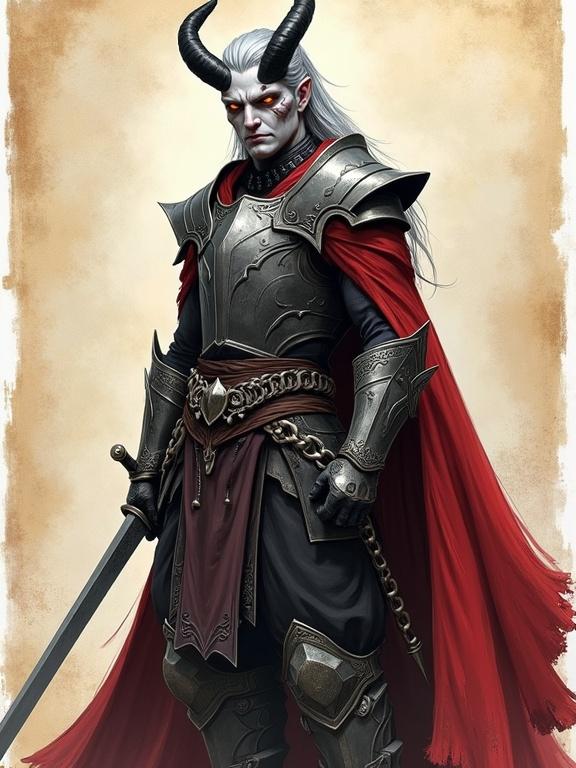 Pen sketch of a male tiefling paladin with ash-gray skin and glowing amber eyes. He has long silver hair in a ponytail and curved black horns. His expression is stern. He wears chainmail armor and a crimson cloak. He stands like a duelist with a longsword. The background resembles ancient parchment.