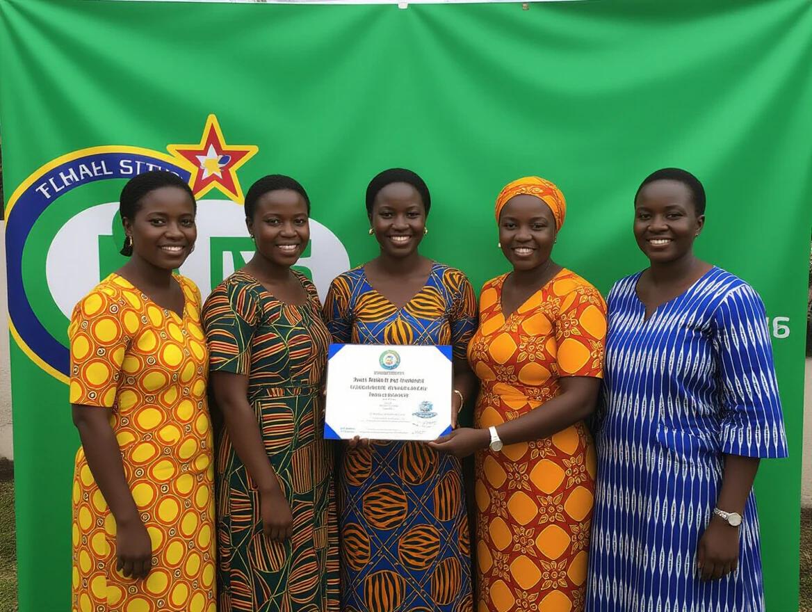 Display Togolese women involved in a peacekeeping event. Women wear colorful traditional attire and hold a certificate. Setting with green background.