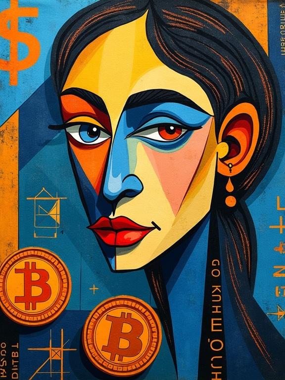 Design a cubist-style t-shirt illustration. Bitcoin symbol is deconstructed into abstract geometric shapes. Use Picasso’s blue, ochre, and black palette. Layered faces and fragmented coins included. Add distorted forms of wallets and graphs. Feel avant-garde and rebellious.