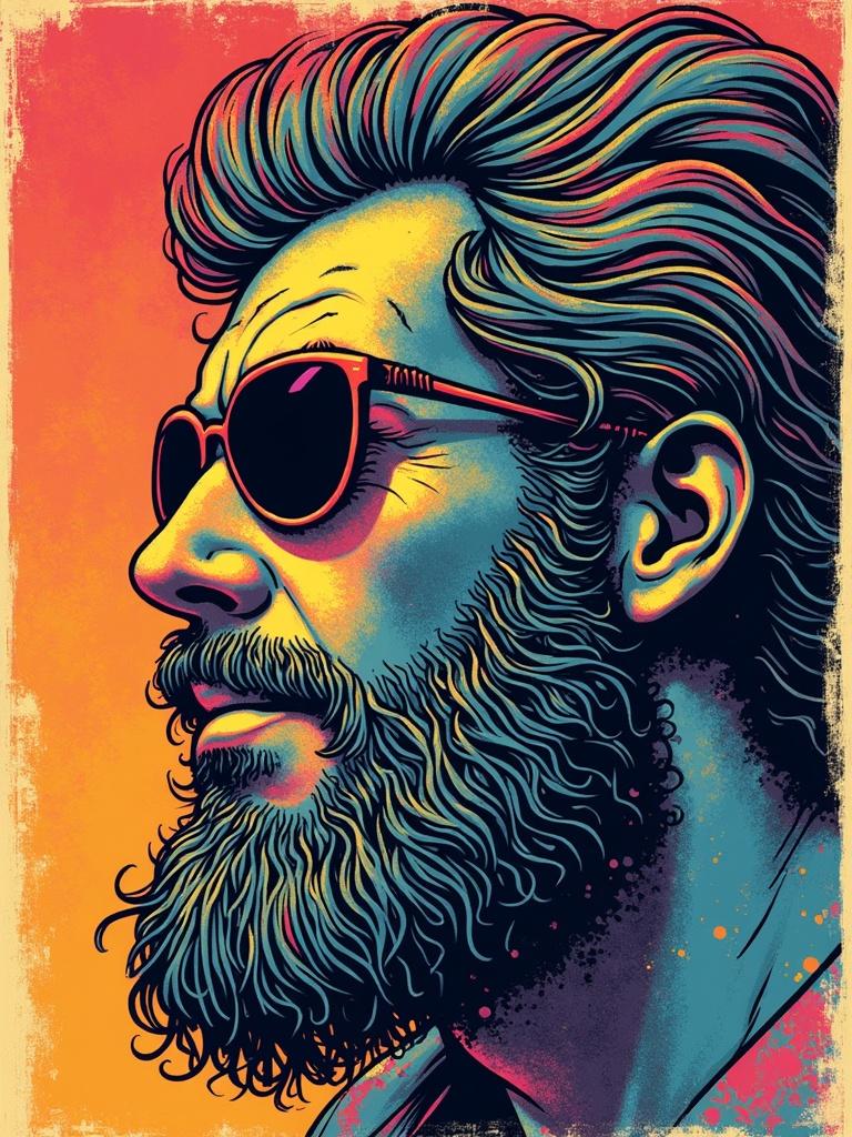 Vibrant image featuring a bearded man in sunglasses. Represents digital precision mixed with analog warmth. Showcases bold colors, grainy texture. Homage to Milo Manara, Jack Kirby, Enki Bilal. Includes subtle imperfections.