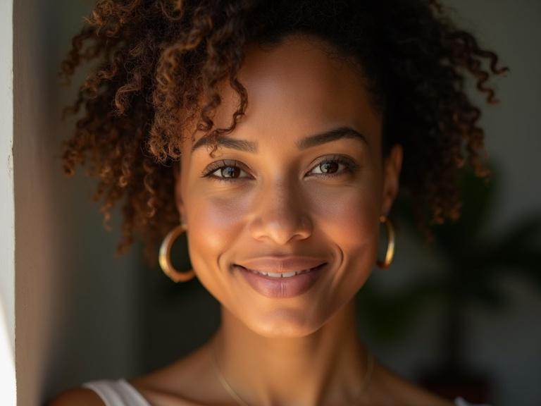 Portrait of a confident woman with curly hair. Natural light illuminates her face. Smiling expression conveys confidence and warmth.