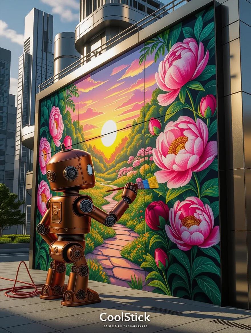 Steampunk robot painting a vibrant mural on a futuristic building. The mural shows a lush garden filled with oversized peonies and wildflowers under a setting sun. The robot has a copper patina and contrasts with the colorful artwork and sleek architecture. Rendered in a style similar to Syd Mead with whimsical details.