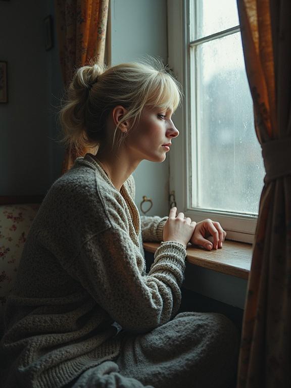 A thoughtful woman smiles while gazing out a window. She sits against a wall inside a cozy room. The image captures a dreamy expression and hints at a longing for a young man. The ambiance is warm and muted, blending realism and surrealism, creating a delicate melancholic mood.