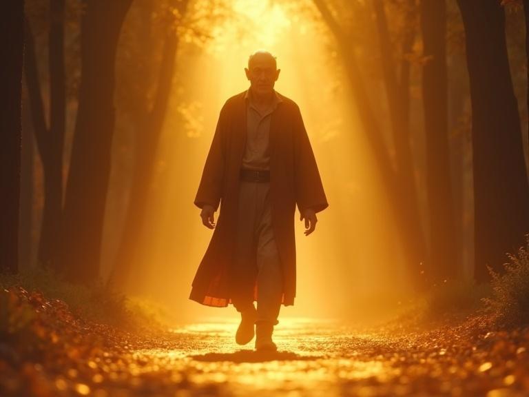 An older man walking on a glowing path with a determined expression in realistic style featuring golden light and a 9:16 aspect ratio.