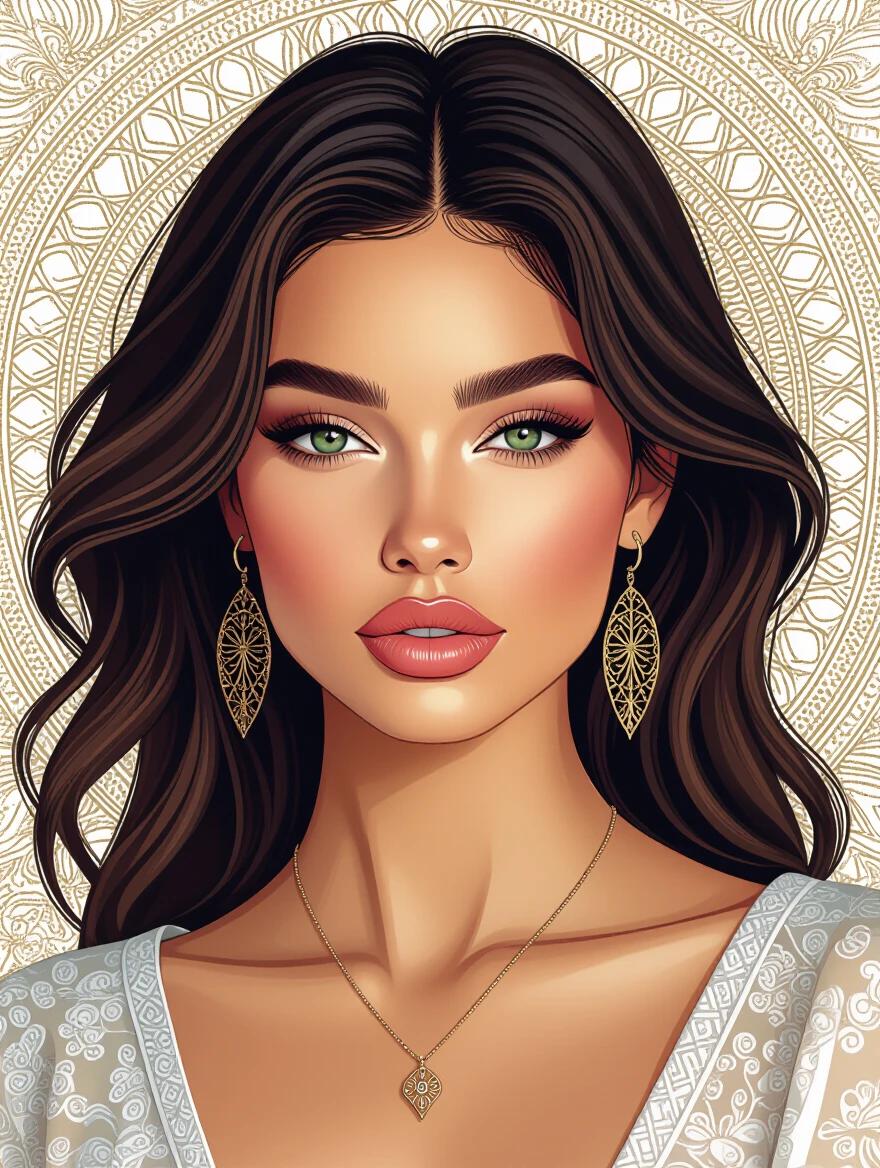 Hyperdetailed supermodel illustration featuring zentangle and 3D Droste effect techniques. Presents in 8k resolution. Focus on facial features and intricate background patterns.