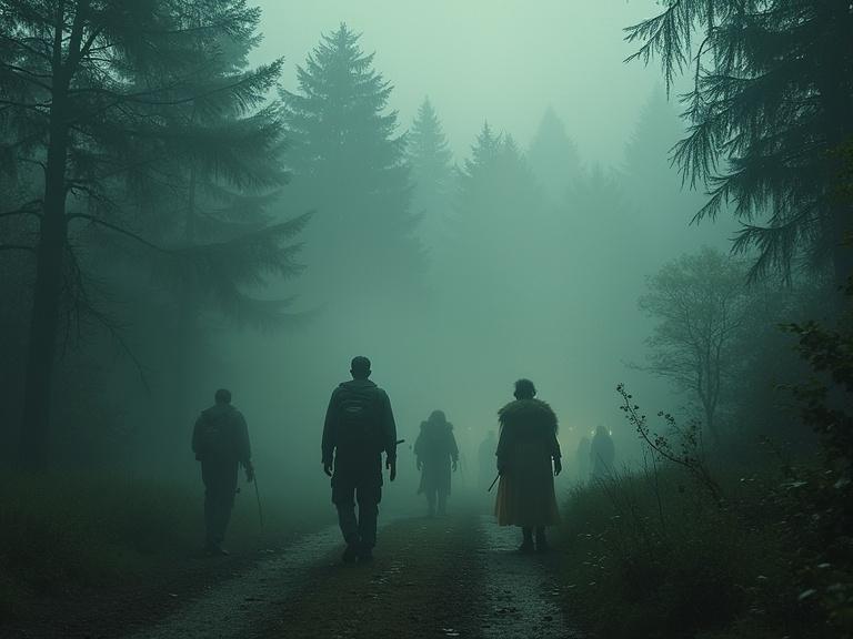 Villagers search in a forest with glowing mist where Enoch once stood. Realistic style with mystical tones, 9:16 aspect ratio.