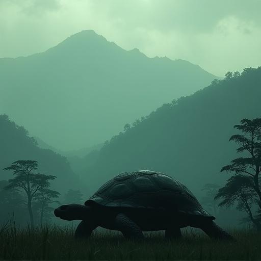 Large realistic silhouette of a dark green turtle walking across grassy lands. Huge mountains and trees in the background create a mysterious atmosphere. Fog and clouds add depth to the scene.