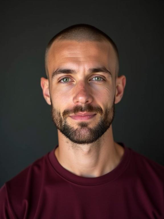 Studio portrait of a young man showcasing bright green eyes and closely shaved head and beard. He wears a burgundy t-shirt against a dark background.