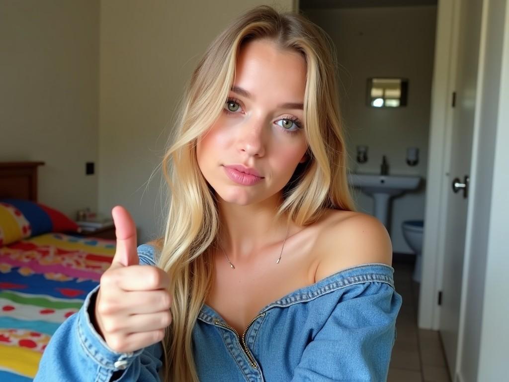 A young woman with long blonde hair is posing for a selfie in a room. She is wearing a denim top that shows off her shoulders. The background features a colorful bedspread and some bathroom fixtures. The lighting is soft and enhances her features. The woman is doing a thumbs up gesture with her right hand, but her expression is serious and she is not smiling.