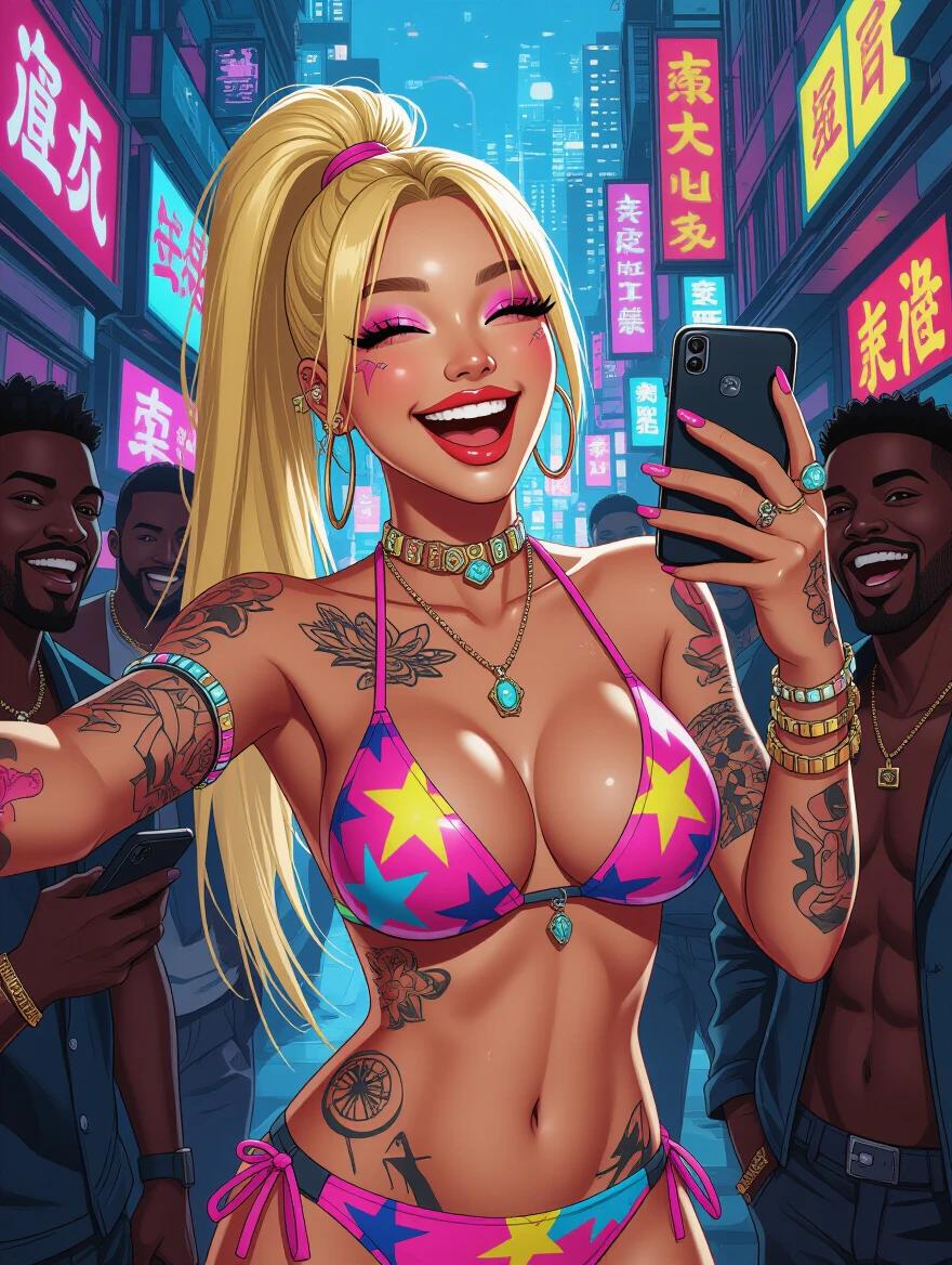 A stunning model standing in a cyberpunk city. She has a bright colored bikini with star patterns. Her makeup is dramatic and her hair is tied up in a high ponytail. She is adorned with several jewels and has tattoos visible on her skin. The setting is vibrant with neon lights and a sense of excitement.